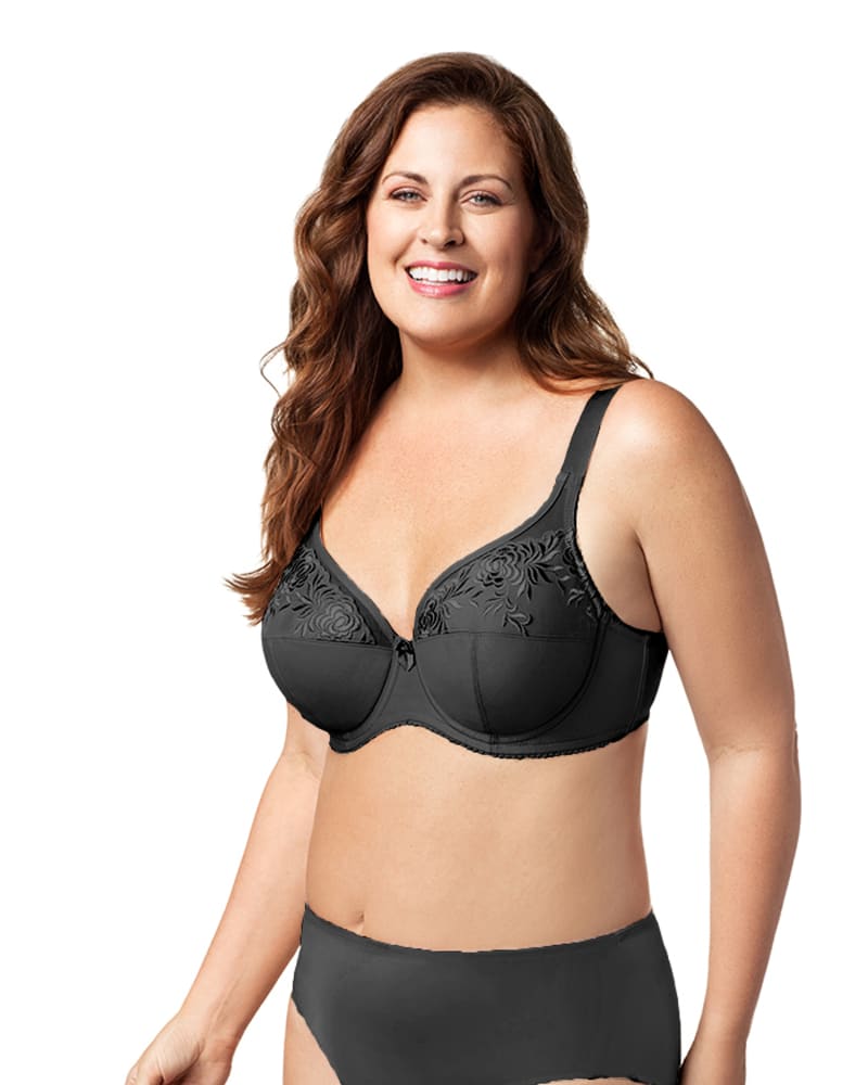 Front of a model wearing a size 42G Embroidered Microfiber Underwire Bra in Black by Elila. | dia_product_style_image_id:321939